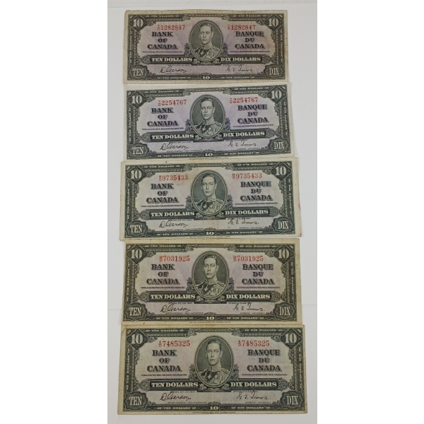 LOT OF 5 - CDN 1937 $10 BANKNOTES