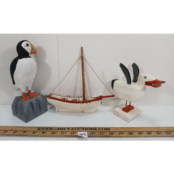 LOT OF 3 - PUFFIN, SEAGULL & SHIP FOLK ART CARVINGS