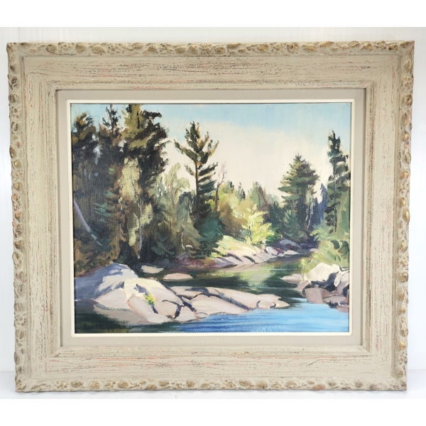 RIVER LANDSCAPE BY DICK GILLESPIE - FRAMED OIL ON CANVAS