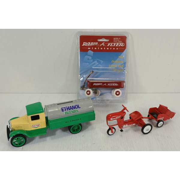 LOT OF 3 - ERTL DIECAST '31 HAWKEYE TRUCK,  HALLMARK '55 MURRAY TRACTOR & RADIO FLYER WAGON