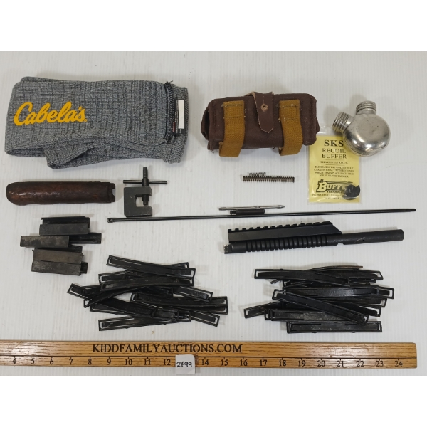 JOB LOT - MISC SKS ACCESSORIES - INCL FRONT SIGHT ADJ TOOL, ACTION, FOREND, GUN SOCK, ETC.