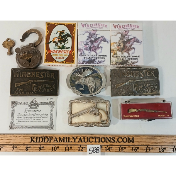 JOB LOT - WINCHESTER MODEL 12 CLIP, BELT BUCKLES, BRASS LOCK & KEYS & PLAYING CARDS