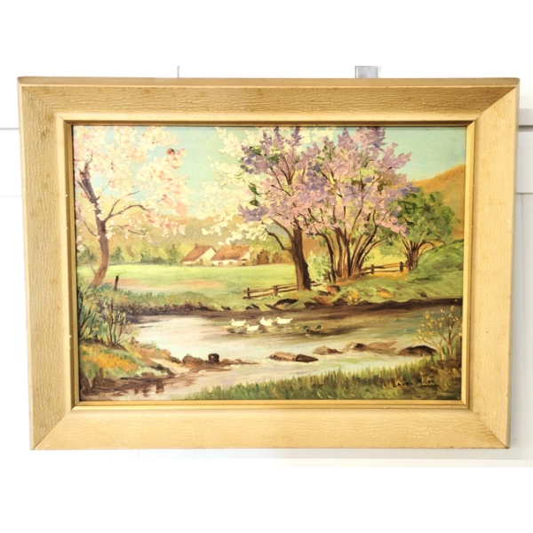 APPLE BLOSSOM RIVER BY LAURA MILNE - FRAMED OIL ON CANVAS BOARD