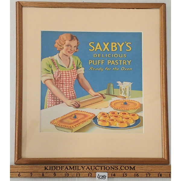 SAXBY'S DELICIOUS PUFF PASTRY, READY FOR THE OVEN - FRAMED AD - C. 1930'S-1950'S