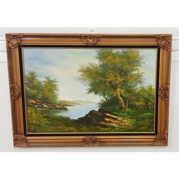 FOREST & LAKE SCENE - SIGNED - FRAMED OIL ON CANVAS