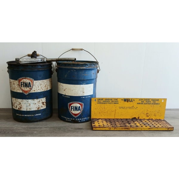 LOT OF 4 - EMCO GAS PUMP NOZZLE, WILL TOOLS COUNTER TOP DISPLAY & FINA OIL 5GAL CANS