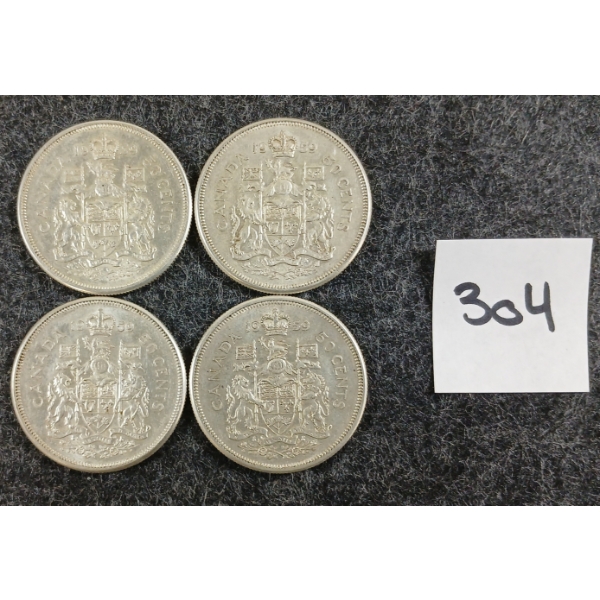 LOT OF 4 - 1959 CDN 50 CENT SILVER COINS