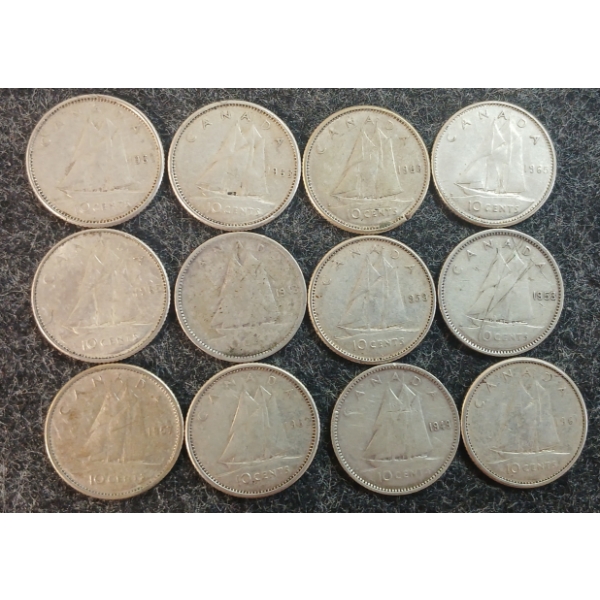 LOT OF 12 - 1943-1965 CDN 10 CENT COINS