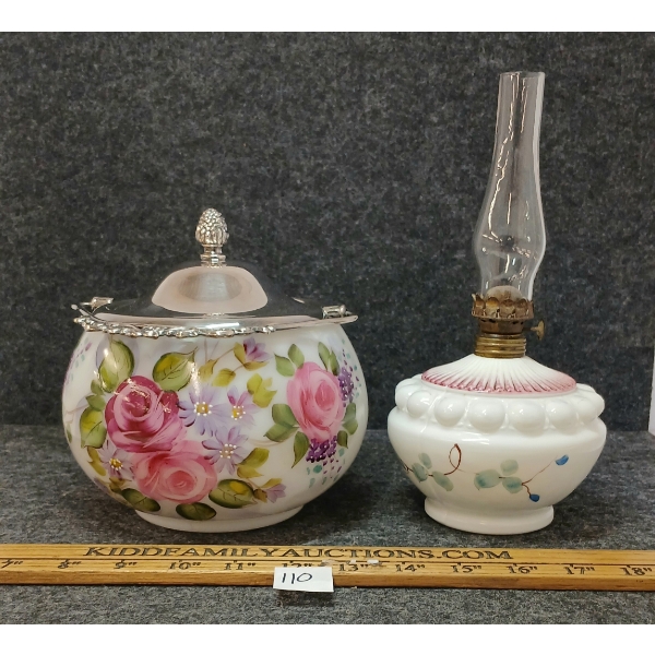LOT OF 2 - W.M. A. ROGERS FLORAL MILK GLASS BISCUIT JAR & OIL LAMP