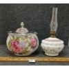 Image 1 : LOT OF 2 - W.M. A. ROGERS FLORAL MILK GLASS BISCUIT JAR & OIL LAMP