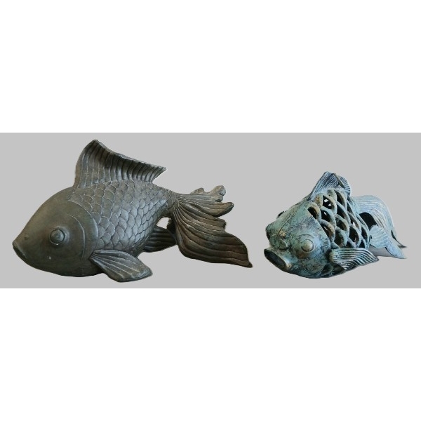 LOT OF 2 - METAL & PLASTER KOI FISH GARDEN STATUES - 21ST CENTURY