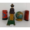 Image 4 : LOT OF 4 - CAST & TIN COIN BANKS - INCL MONKEY BANK, POST OFFICE & GLOBE