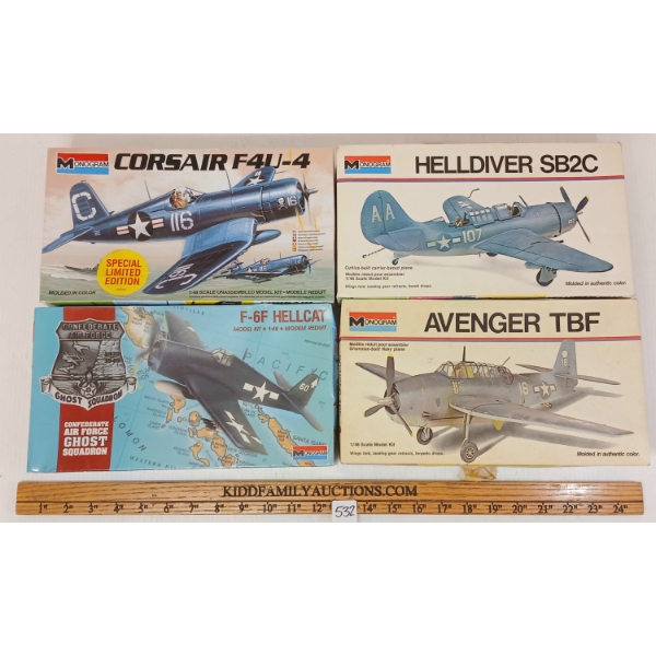 LOT OF 4 - MONOGRAM WAR PLANE MODEL KITS - INCL CORSAIR F4U-4, F-6F HELLCAT, AVENGER TBF, ETC