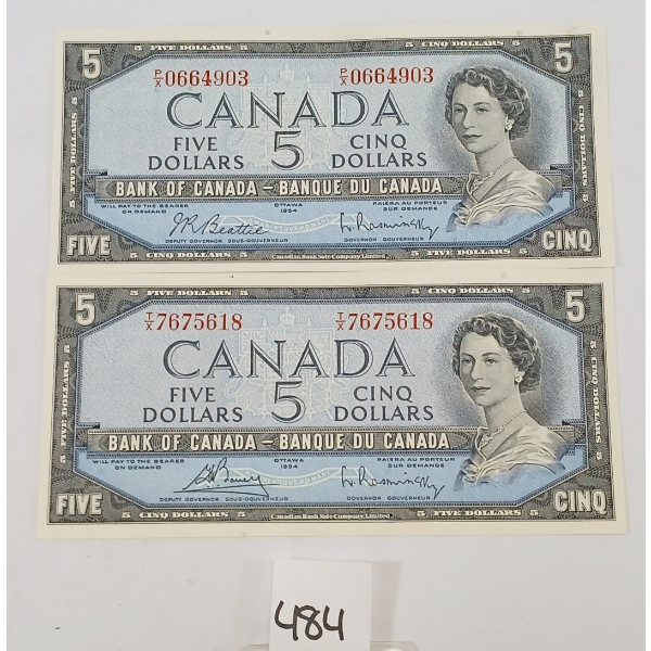 LOT OF 2 - 1954 CDN $5 BANKNOTES - UNCIRCULATED