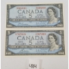 Image 1 : LOT OF 2 - 1954 CDN $5 BANKNOTES - UNCIRCULATED