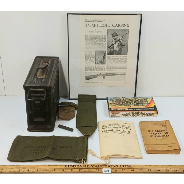 JOB LOT - M1 CARBINE MANUALS, FRAMED ARTICLE & OILER, MISC WEB GEAR, AMMO CAN, ETC