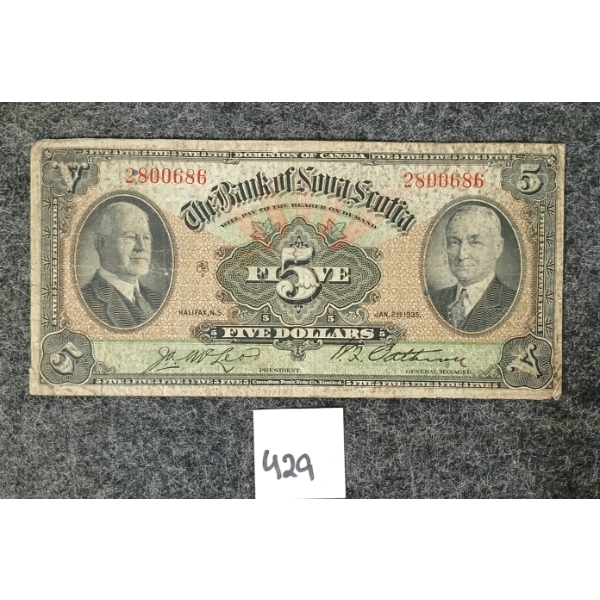 1935 THE BANK OF NOVA SCOTIA $5 BANKNOTE