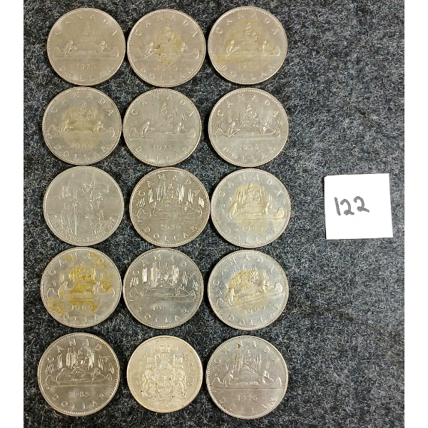 LOT OF 15 - 1961 CDN 50 CENT SILVER PC & 1969 - 1986 CDN DOLLAR COINS 