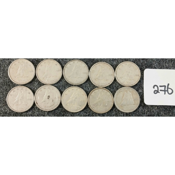 LOT OF 10 - 1959-1964 CDN 10 CENT COINS