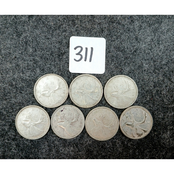LOT OF 7 - 1952-1965 CDN 25 CENT COINS