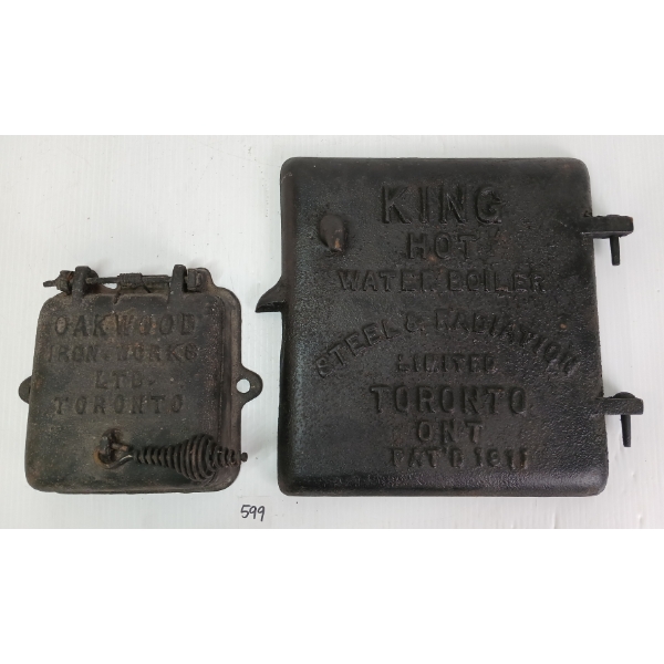LOT OF 2 - OAKWOOD IRON WORKS & KING HOT WATER BOILER CAST IRON DOORS