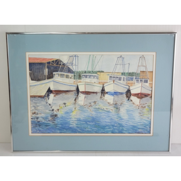 BOAT DOCK SCENE BY H. KINZER - FRAMED WATERCOLOUR ON PAPER