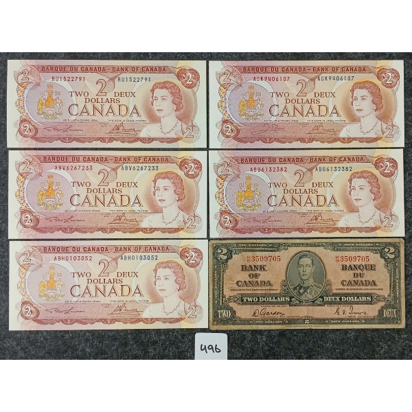 LOT OF 6 - 1937-1974 CDN $2 BANKNOTES - INCL UNCIRCULATED
