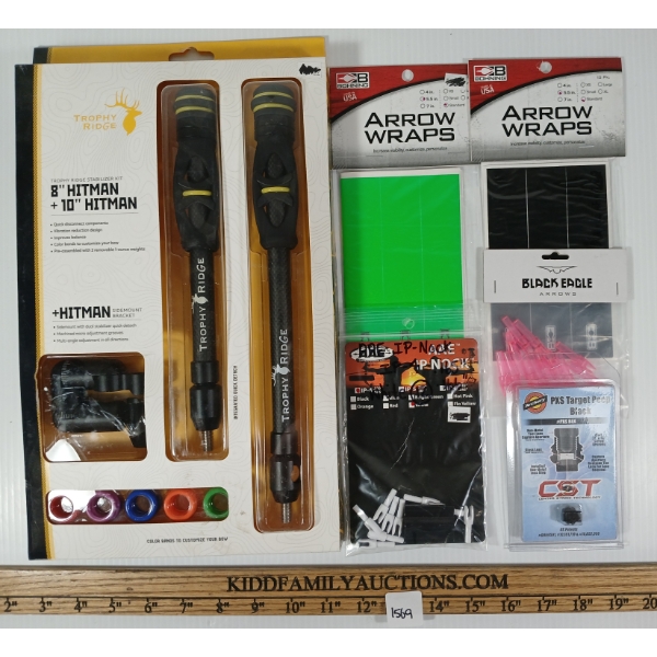 LOT OF 5 - TROPHY RIDGE 8 & 10IN HITMAN STABILIZER KIT, PXS TARGET PEEP, ARROW NOCKS, ETC