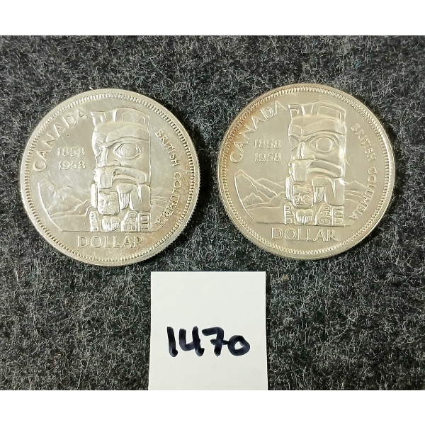 LOT OF 2 - 1958 CDN SILVER DOLLARS - BRITISH COLUMBIA