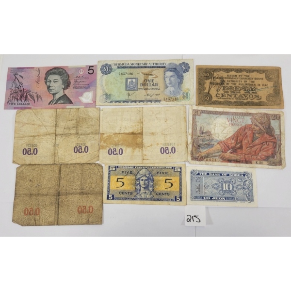 LOT OF 9 - WORLD BANKNOTES - INCL U.S. MILITARY PAYMENT CERTIFICATE & WWI FRANCE NOTES, ETC