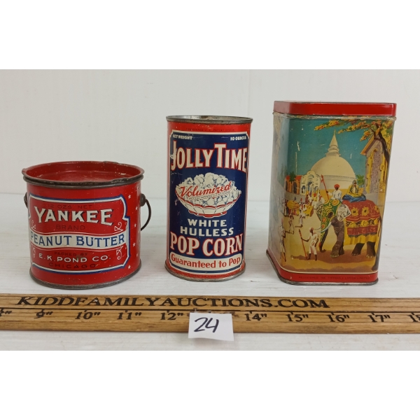 LOT OF 3 - 1940'S LIPTON TEA, YANKEE PEANUT BUTTER & JOLLY TIME POPCORN TINS