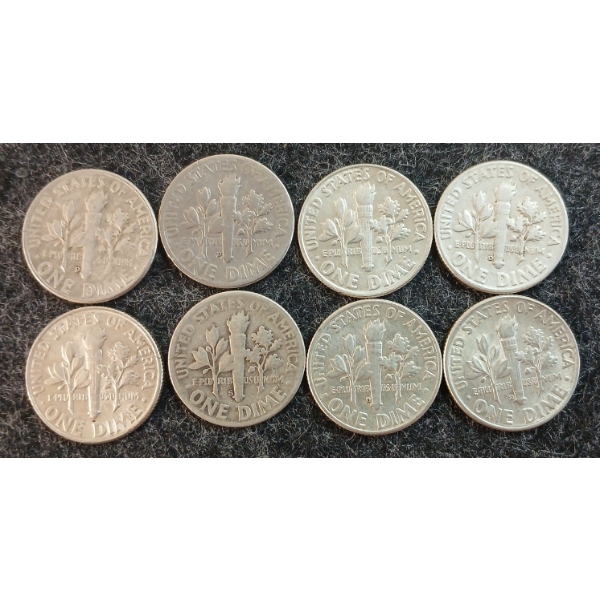 LOT OF 8 - 1947-1964 U.S. 10 CENT COINS