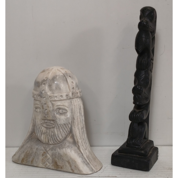 LOT OF 2 - STAGHEAD CARVING & MINIATURE TOTEM POLE