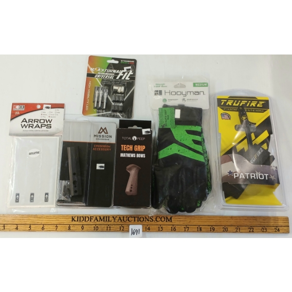 LOT OF 6 - ARCHERY ACCESSORIES - GLOVES, GRIPS, STRAP, ARROW WRAPS, ETC