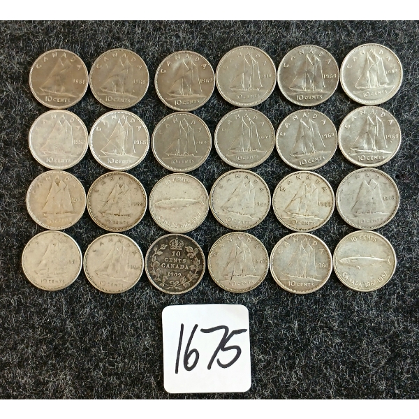 LOT OF 24 - 1909-1970 CDN 10 CENT COINS