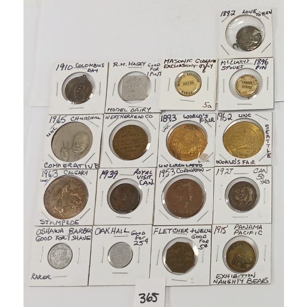 LOT OF 17 - PINS & TOKENS - INCL WEATHERHEAD CO & LOVE TOKEN ETC
