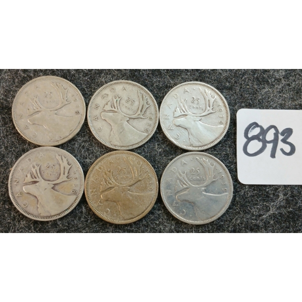 LOT OF 6 - 1938-1939 CDN 25 CENT COINS