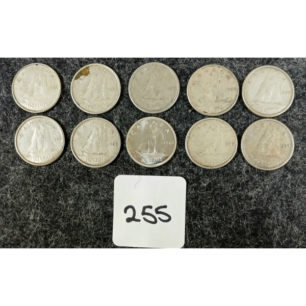 LOT OF 10 - 1956-1968 CDN 10 CENT COINS