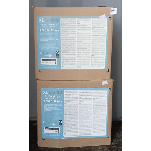 LOT OF 2 - XL BRANDS GRID-SET ADHESIVE 2500 PLUS 4GAL CONTAINERS