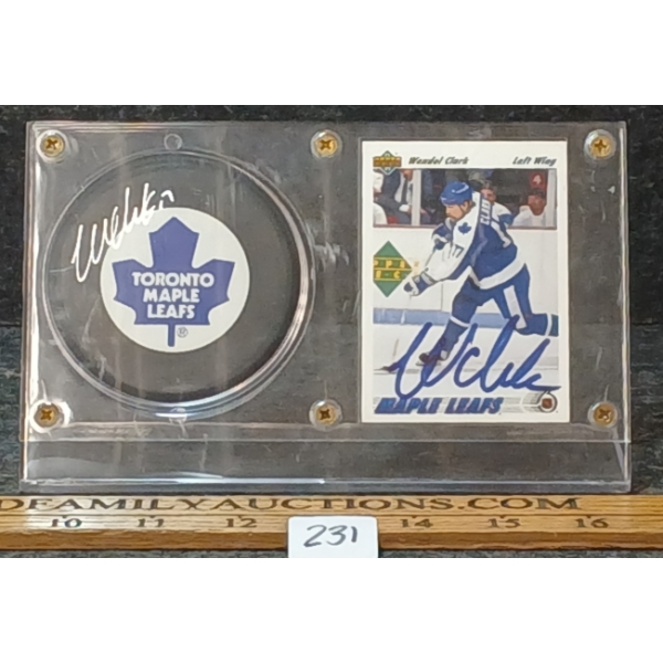 1991 UDC NHL TORONTO MAPLE LEAFS WENDEL CLARK HOCKEY CARD & PUCK - AUTOGRAPHED