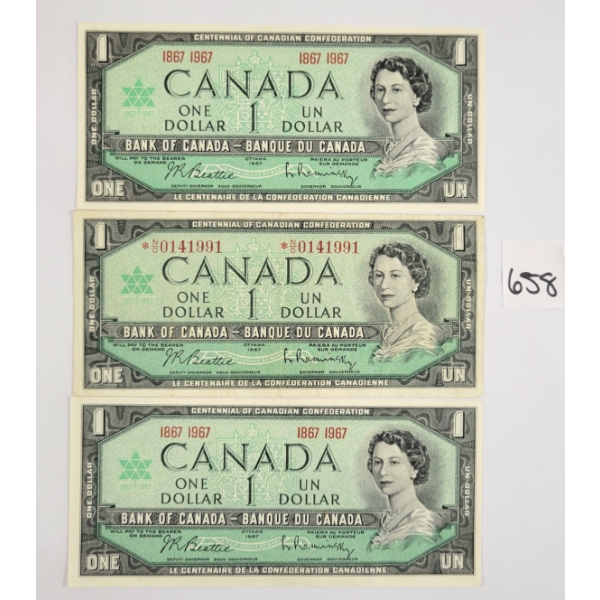 LOT OF 3 - 1967 CDN $1 BANKNOTES - UNCIRCULATED