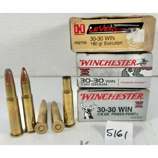 AMMO / BRASS: 38X LIVE & 22X BRASS .30-30 WIN, MIXED 150/160/170GR.
