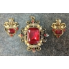 Image 2 : LOT OF 2 - RUBY RHINESTONE & BRASS FILIGREE PENDANT & CLIP-ON EARRINGS