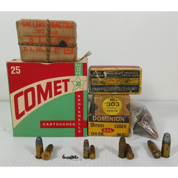 AMMO: QTY OF MISC RNDS - INCL .25 COLT, 9MM LUGER, .303 CF, ETC - COLLECTABLE BOXES