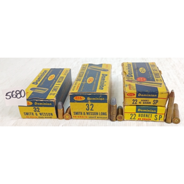 AMMO / BRASS: APPROX 85X DOMINION .22HORNET & .32S&W - 45, 85 & 98GR - 7X BRASS ONCE FIRED