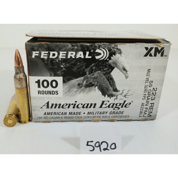 AMMO: 100X FEDERAL AMERICAN EAGLE .223 REM - 55GR - FMJ