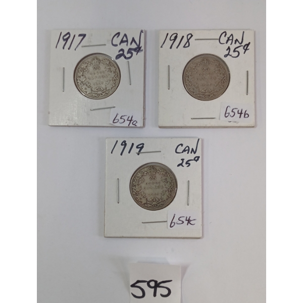 LOT OF 3 - 1917-1919 CDN 25 CENT SILVER COINS