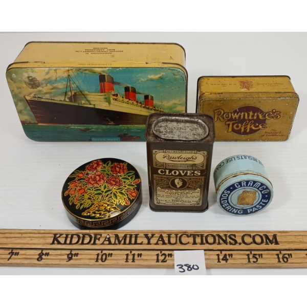 LOT OF 5 - MISC TINS - INCL ROWNTREE'S & RAWLEIGH'S, ETC.