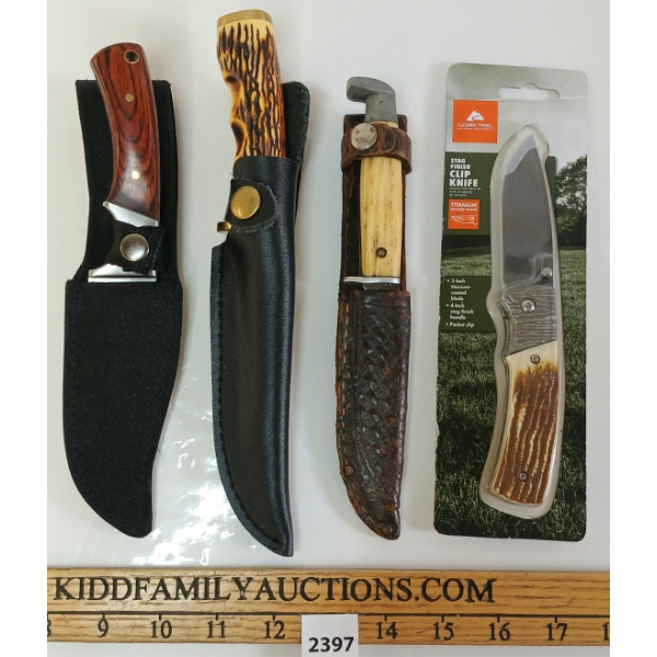 LOT OF 4 - WOOD GRAIN & ANTLER HANDLED FOLDING & FIXED BLADE KNIVES W/ SHEATHS
