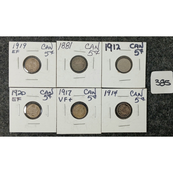 LOT OF 6 - 1881-1920 CDN 5 CENT COINS